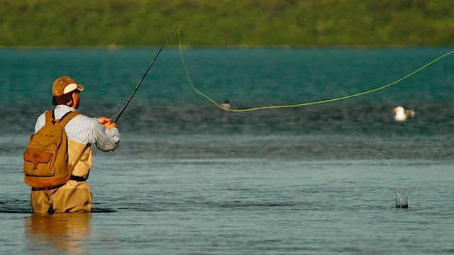 person standing in water casting fishing line